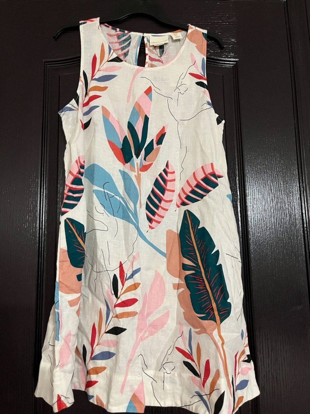 White Tropical Leaf Print Sleeveless Linen Dress